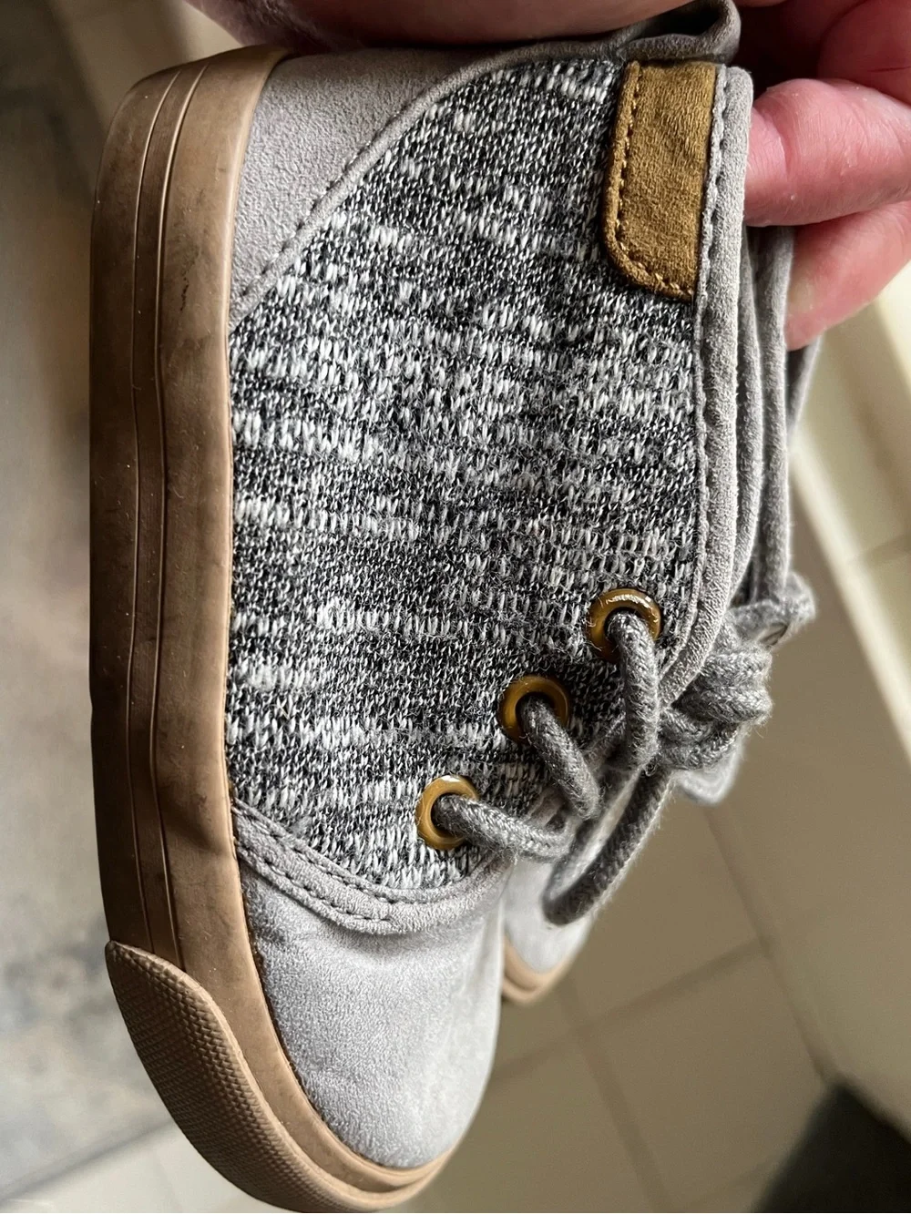 Old Navy Gray Knit High-Top Kids Sneakers with Tan Accents